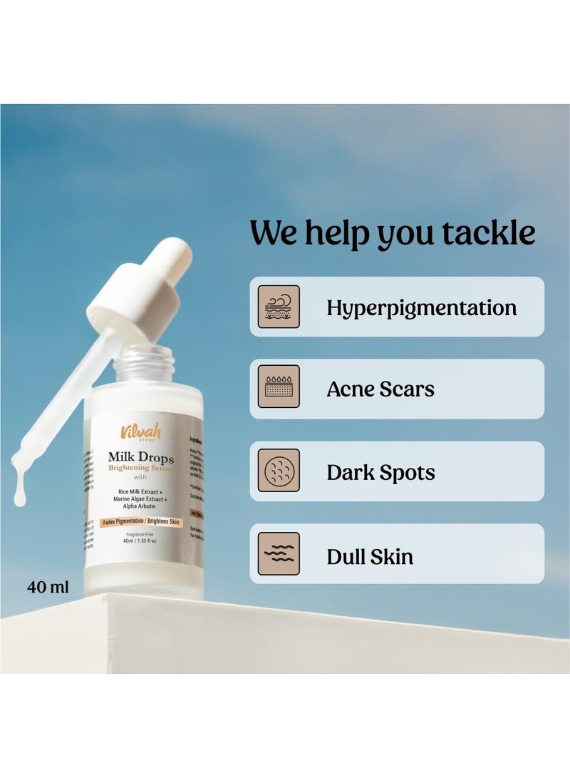 Vilvah Store Milk Drops Brightening Serum Formulated With Rice Milk Extract, Marine Algae Extract, Alpha Arbutin, Fades Scars, Brightens Skin & Even Skin Tone For All Skin Type, 40ml - Image 3